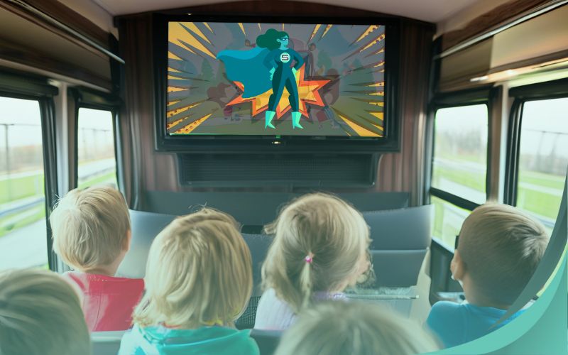 Children engaged with onboard entertainment systems during their school commute, May 2024, Innovative transport solutions, Australia