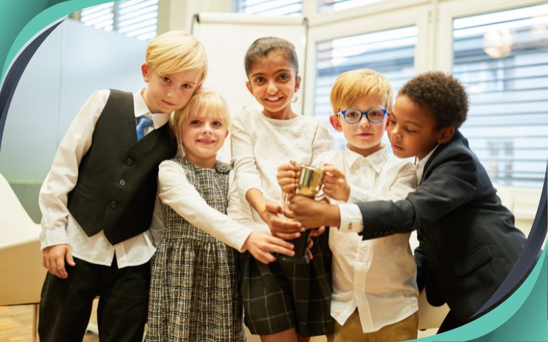 a team of students celebrating their win at a quiz bee, inter-school competition, May 2024, Australia