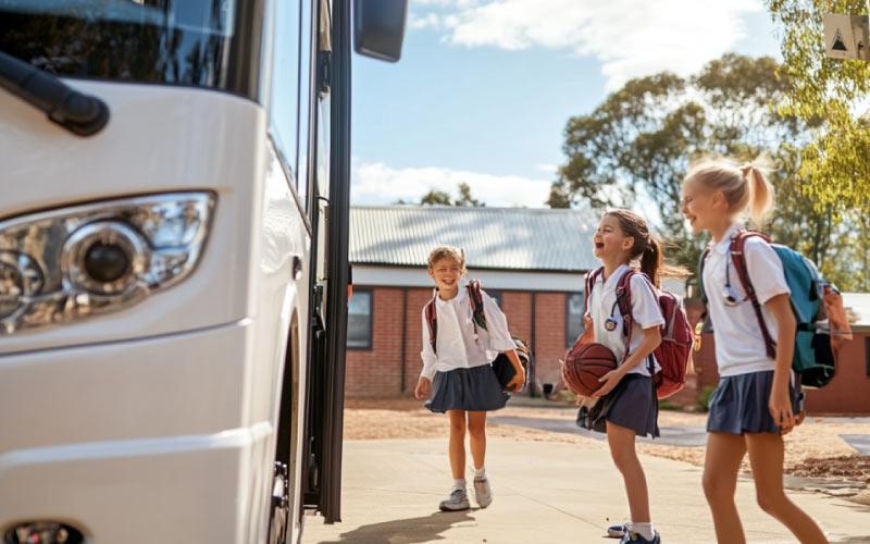 kids getting off the bus or coach, safe transport compliance, July 2024, Australia