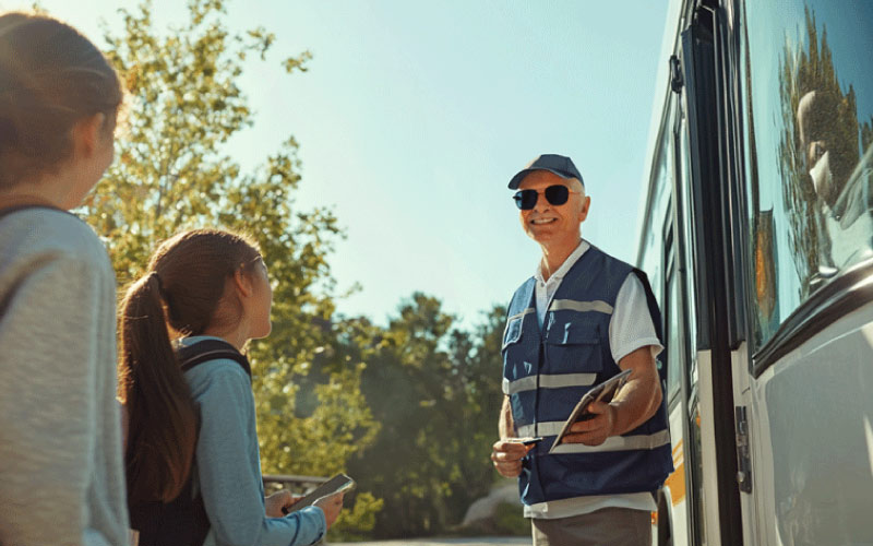 kids getting on a school bus and being smiled at by driver, good bus driver, September 2024, Australia