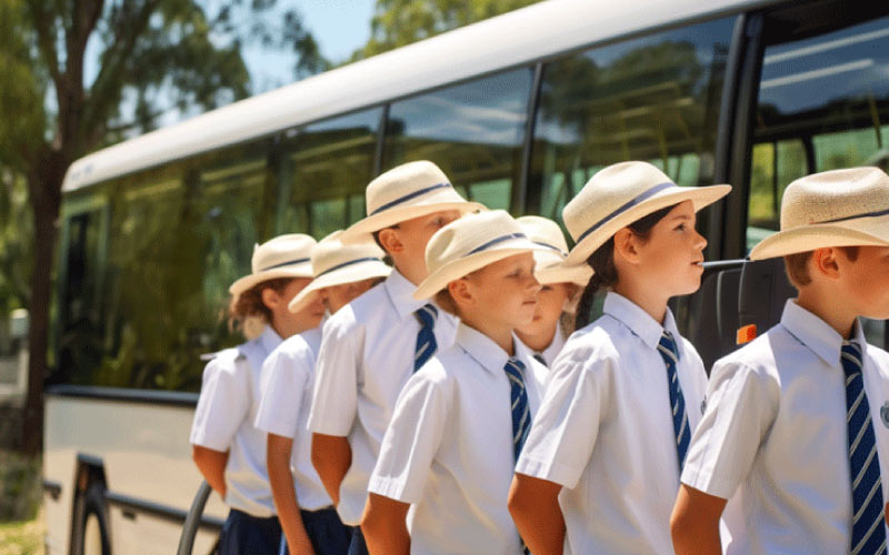 kids lined up for the bus, student transport, October 2024, Australia