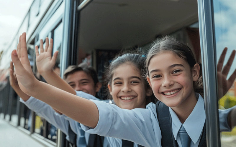 kids waving from inside a bus, student safety, November 2024, Australia