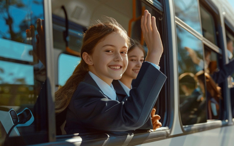 kids waving from inside a bus, student safety, November 2024, Australia