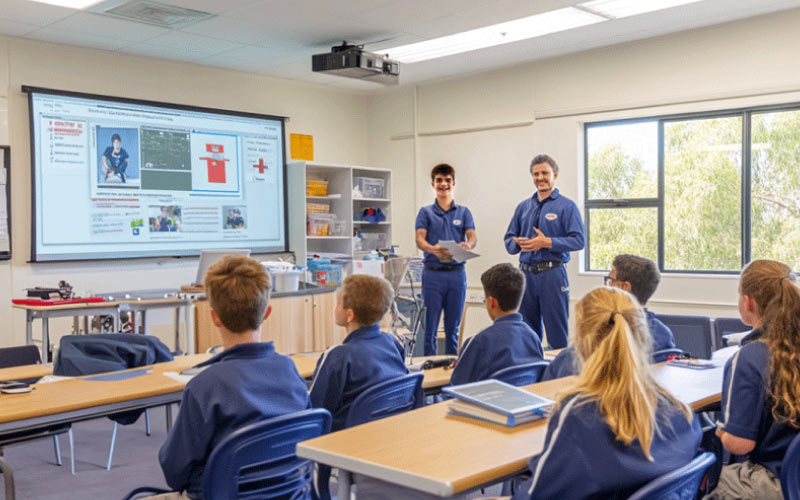 Teachers demonstrating how to save people from chocking, student safety, November 2024, Australia